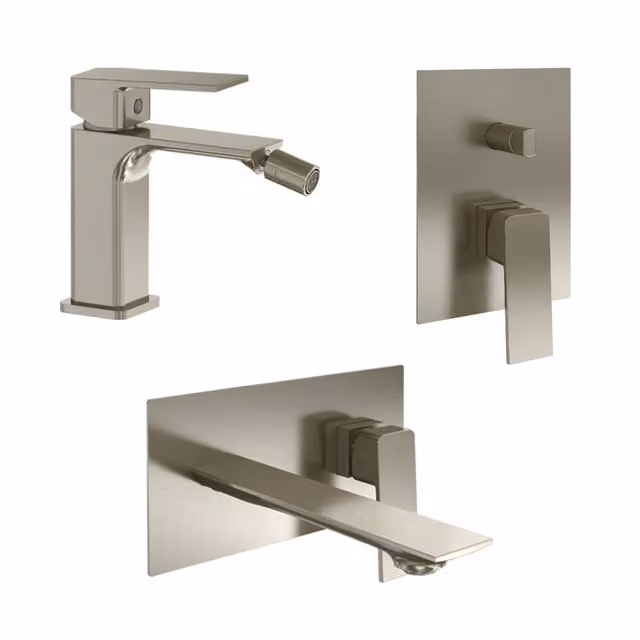 Set miscelatori: lavabo ad incasso bidet senza scarico e incasso doccia c/deviatore nickel spazzolato | Ingrid