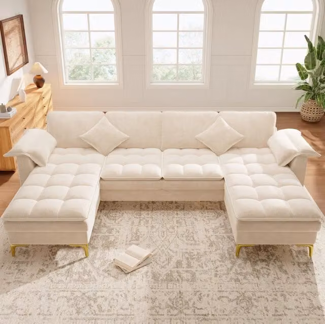 Divano angolare a U ULEVR 262x134x86 cm, 4-5 posti con 2 chaise longue e cuscini, rivestimento in ciniglia beige