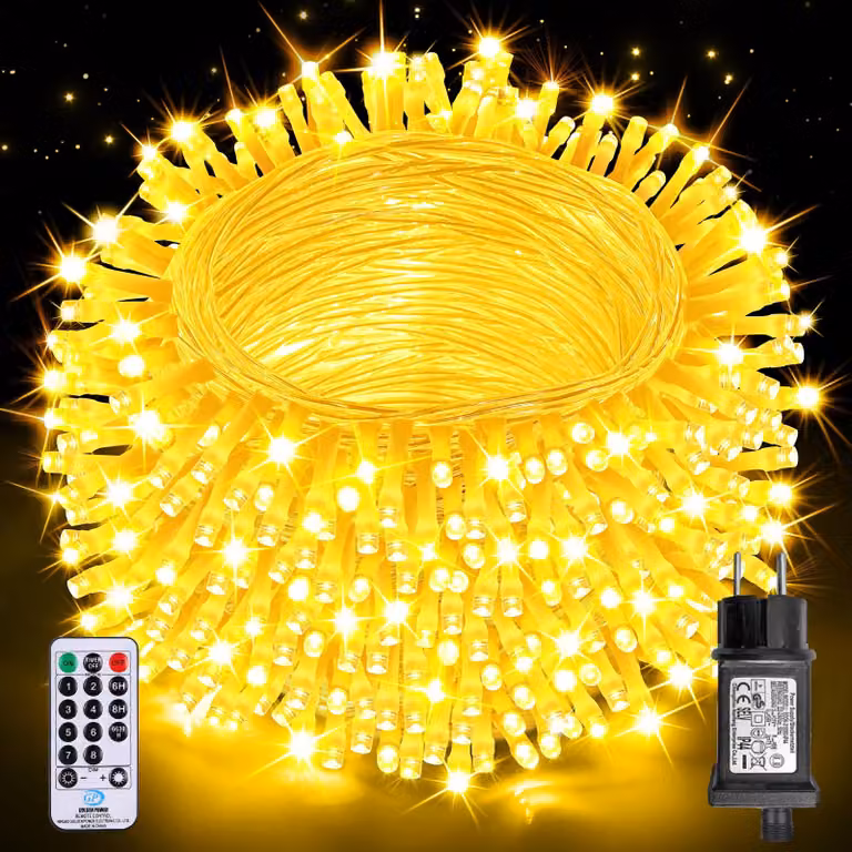 Catena luminosa a LED, 20 metri, 200 LED bianco caldo, grado di protezione IP44, telecomando, timer