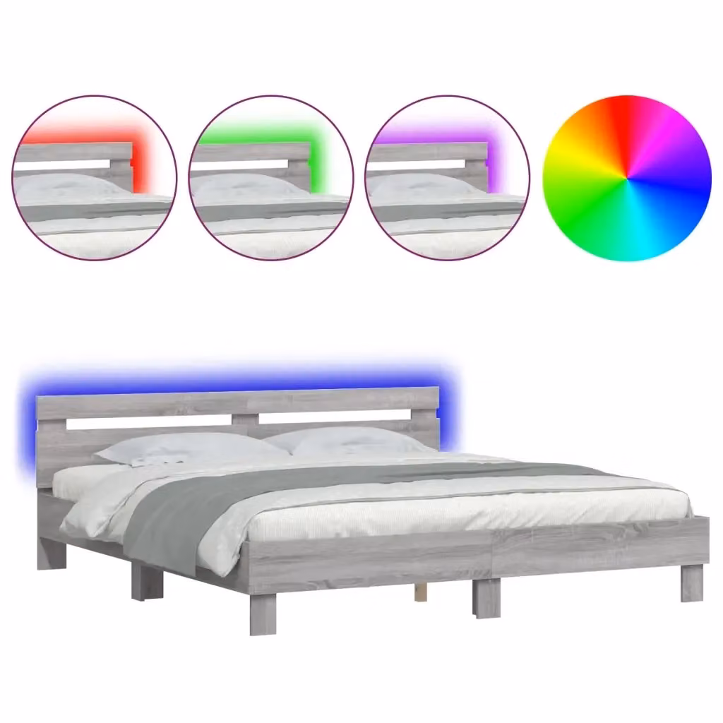 vidaXL Giroletto con Testiera, Illuminazione LED e Porta USB, Grigio, 200 x 200 cm – 2