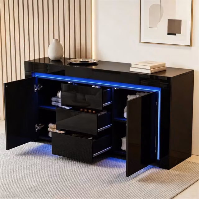 Credenza e madia con LED, 2 ante, 3 cassetti e ripiani regolabili, per soggiorno, in MDF, nero, 140 × 40 × 65 cm