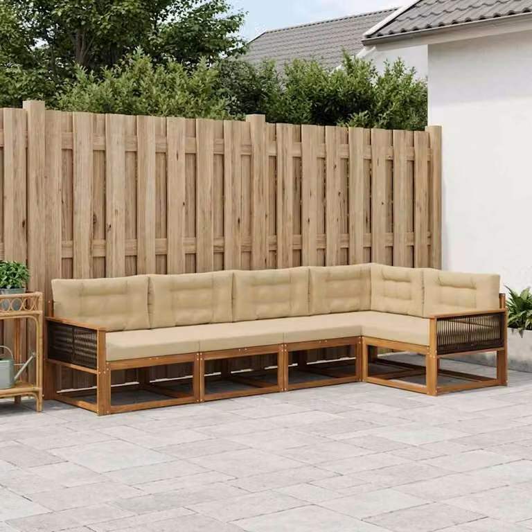 Set di divani da esterno vidaXL a forma di L in legno di acacia con cuscini, Beige e Marrone