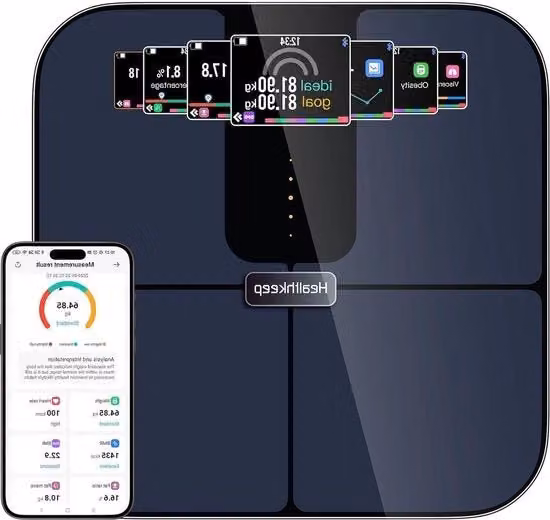 Peso corporeo Bluetooth con display a cristalli liquidi e tecnologia ITO - 25 dati corporei - applicazione di monitoraggio della frequenza cardiaca - compatibile con Android e iOS - peso massimo 180 kg, 400 lb, 28 stone - colore blu