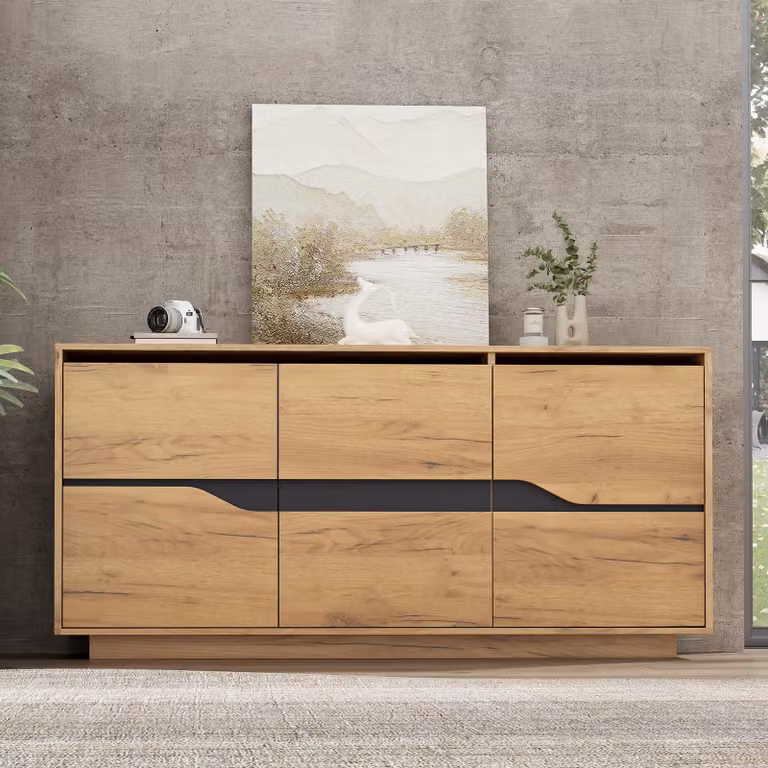 Sweiko 140x40x70 cm: cassettiera da salotto, credenza a 3 ante, mobile da sala da pranzo con divisori regolabili, ampi vani senza maniglie, mobile da salotto versatile, finitura in legno + nero
