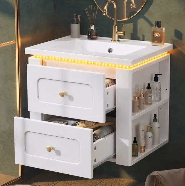 Mobile bagno sospeso da 61 cm con LED; 2 cassetti e lavabo in ceramica