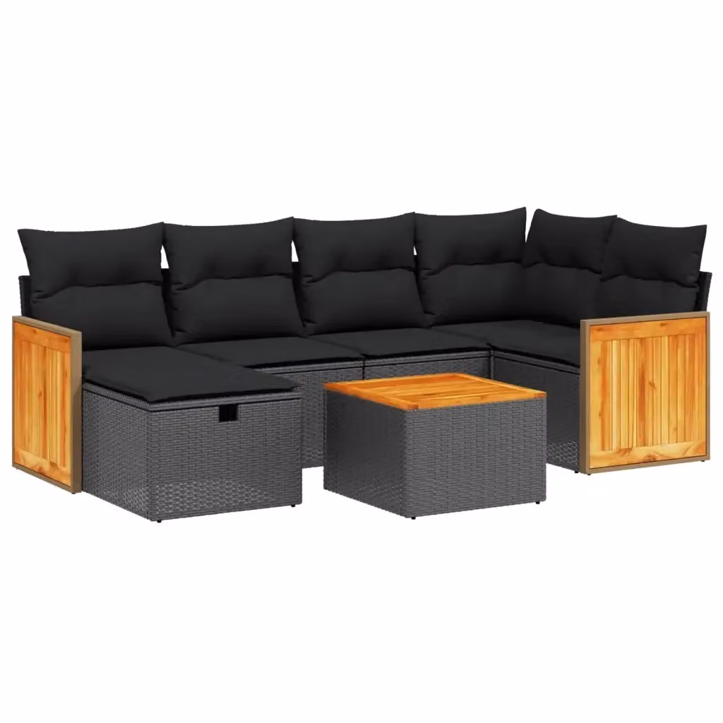 vidaXL Set Divani da Giardino a L con 7 Pezzi Nero con Cuscini e Tavolino in Polyrattan e Acciaio – 2