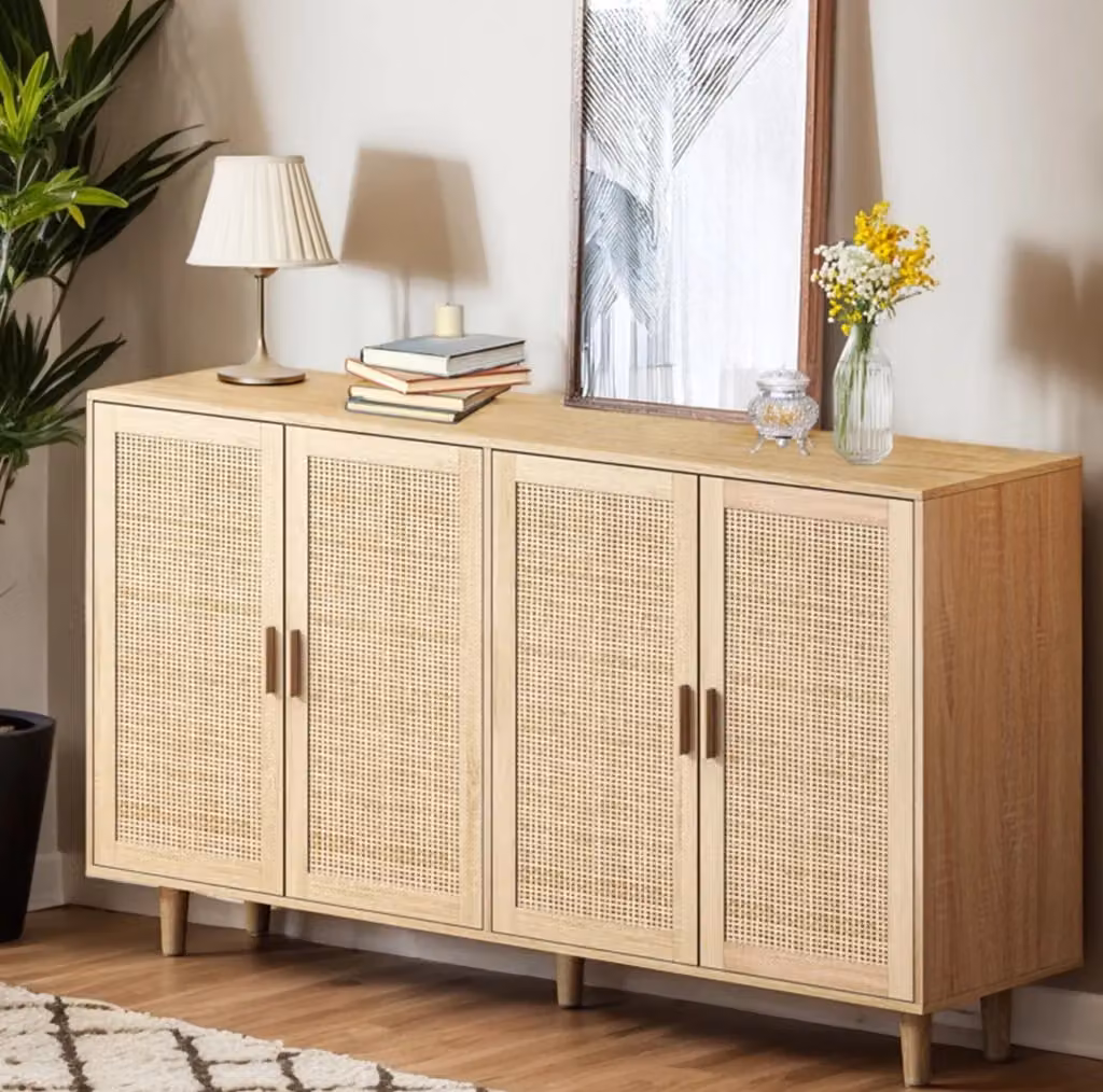 Credenza a 4 ante in rattan e legno beige L: 158 cm, P: 40 cm, H: 88 cm – 2