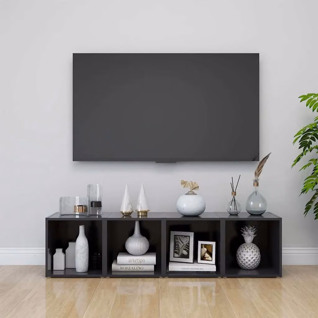 Set di 4 mobili porta TV vidaXL in legno multistrato e MDF, colore grigio opaco, stile rustico, L/P/H: 37 x 35 x 37 cm