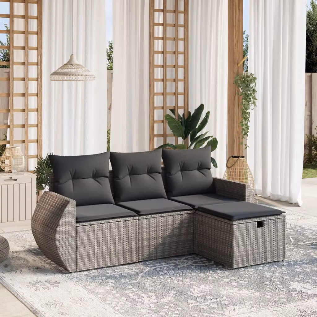 vidaXL Set Divani da Giardino a L 4 pz in Polyrattan Grigio con Cuscini e Struttura in Acciaio – 1