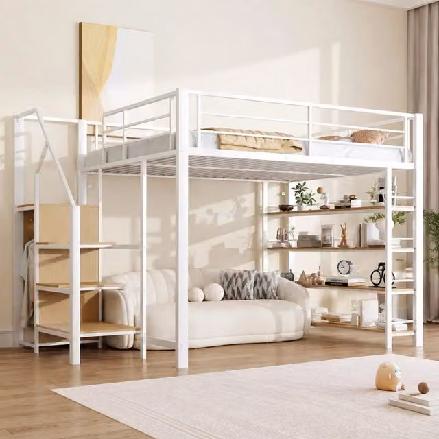 Letto a soppalco Mivray bianco con scala contenitore, guardaroba e ripiani in MDF e metallo L/P/H: 200 x 140 x 170,5 cm