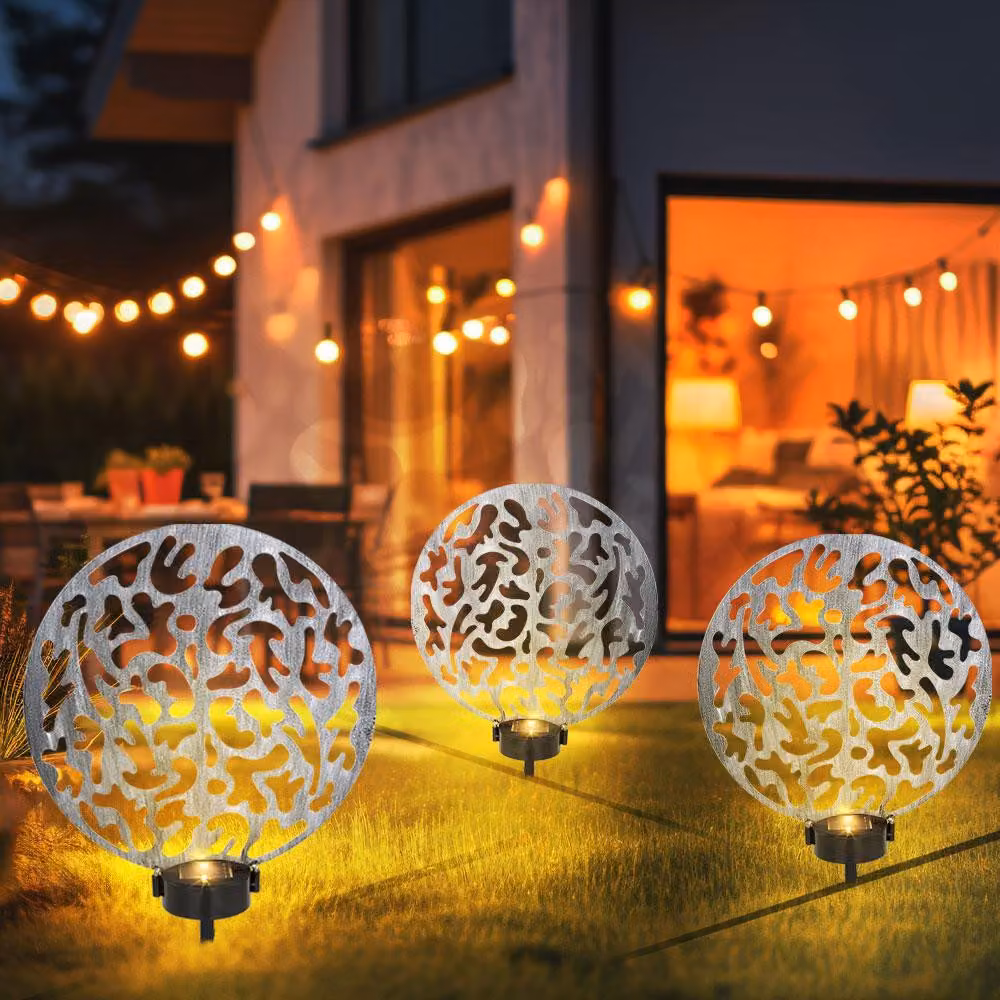 Set di 3 luci da giardino solari, effetto luminoso, color argento anticato, altezza 41 cm