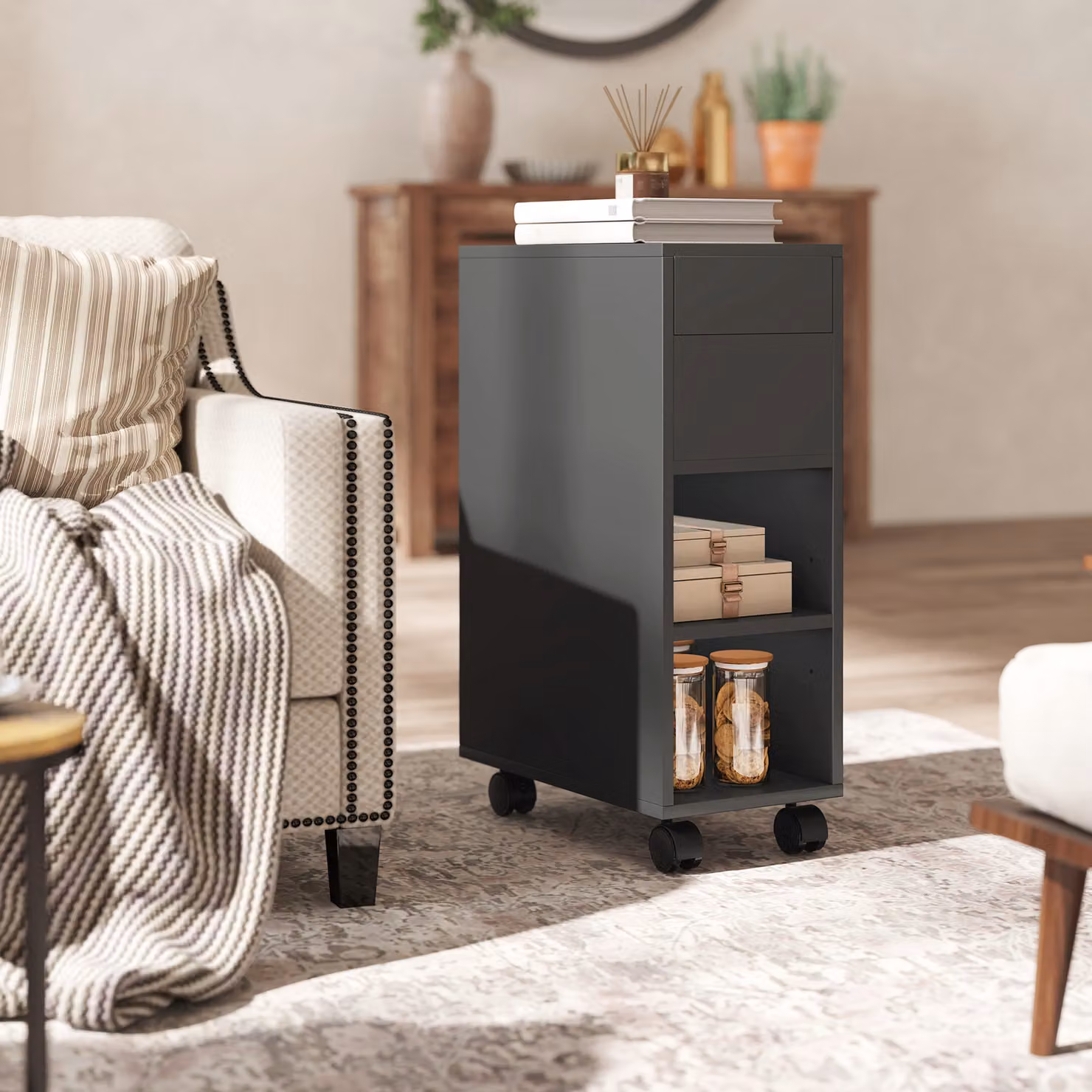 Tavolino laterale HOMCOM con piano scorrevole, ruote e vano nascosto con ripiano regolabile, Nero – 2