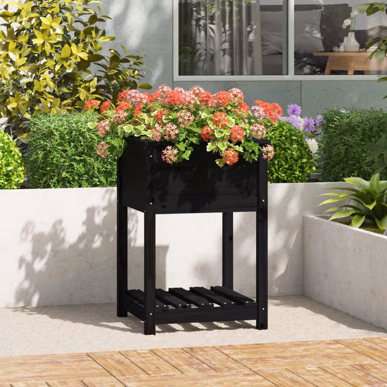Fioriera con mensola vidaXL in legno massello di pino, colore nero, L 54 cm x P 54 cm x H 81 cm