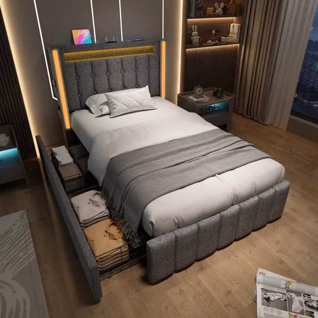 Letto singolo Mivray con cassetti, porta USB Type-C e illuminazione LED, testiera imbottita in lino grigio, L/P/H: 90 x 200 x 104 cm