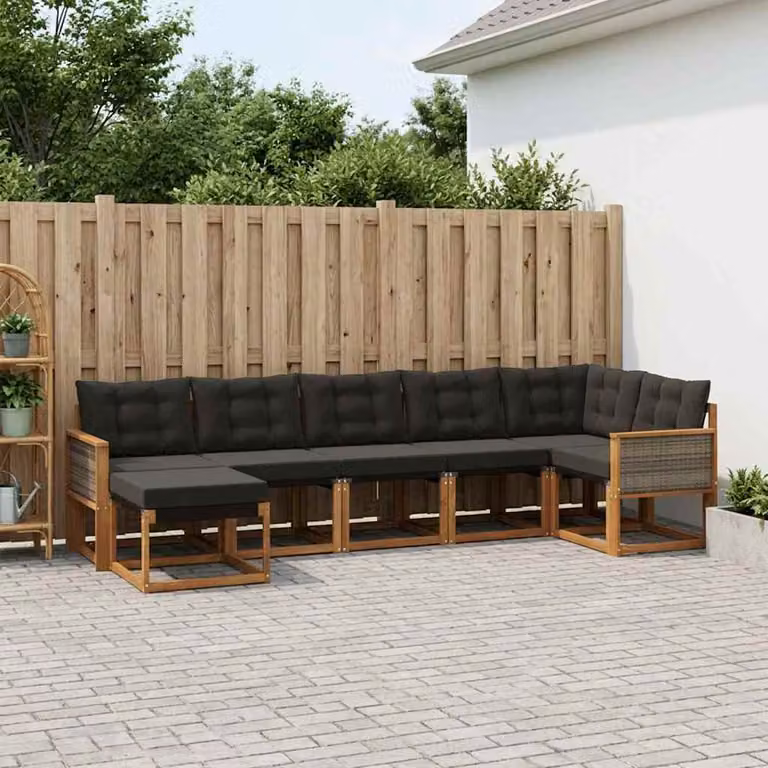 Set di divani da esterno vidaXL a forma di L composto da 7 pezzi in legno di acacia con cuscini, colore naturale e nero