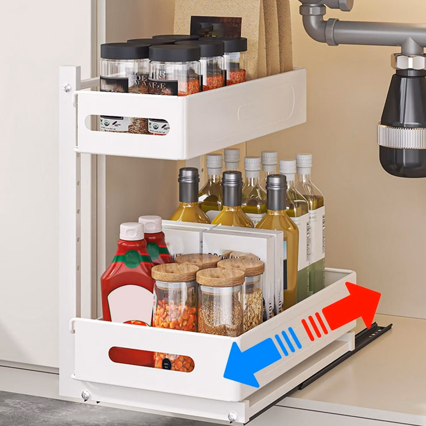Organizzatore per mobile basso, 2 ripiani, metallo, bianco