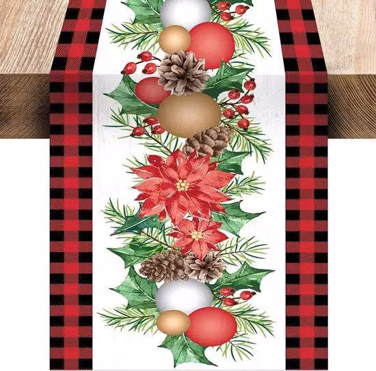 Tovaglia decorativa invernale con fiori rossi e pigne, 33x183 cm, Modello 1