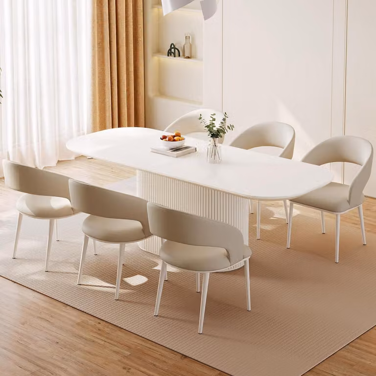 Tavolo da pranzo con 6 sedie, colore bianco, diametro 220 cm, forma rotonda, facile da pulire