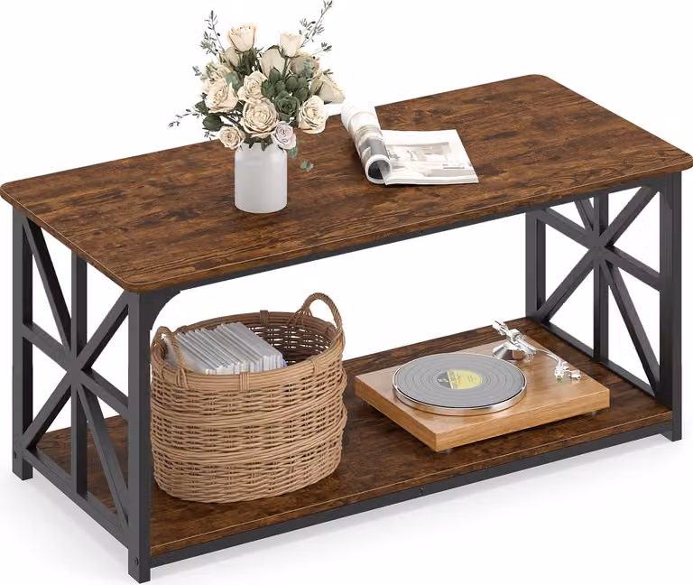 COSTWAY Tavolino da salotto, tavolino industriale in stile rustico con ripiano aperto, tavolino rettangolare a 2 livelli con struttura in metallo, 109x50x48 cm