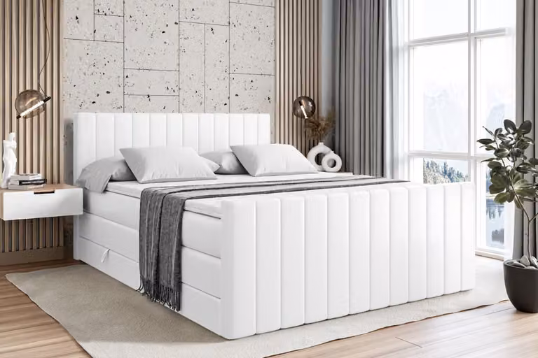 Letto boxspring ALTDECOR con pediera, 2 materassi e topper - 180x200 cm - EDITA-Z KING - Pelle finta bianca - Letto imbottito con materassi H3 e H4, contenitore e rete a doghe, letto con spazio contenitivo