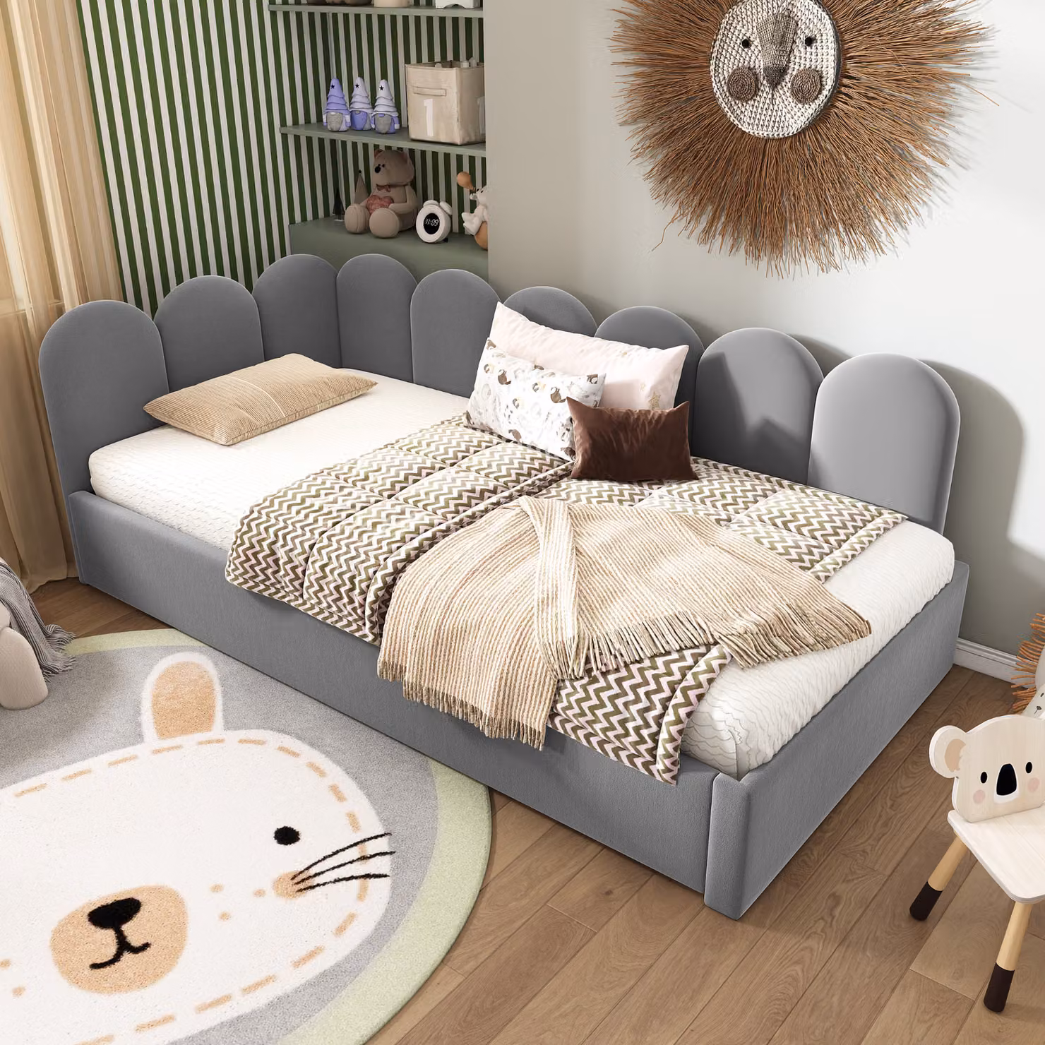 MODFU Letto imbottito, divano letto 90x200 cm, daybed con letto estraibile 90x190 cm, letto per ragazzi con rete a doghe, velluto, con materasso, grigio