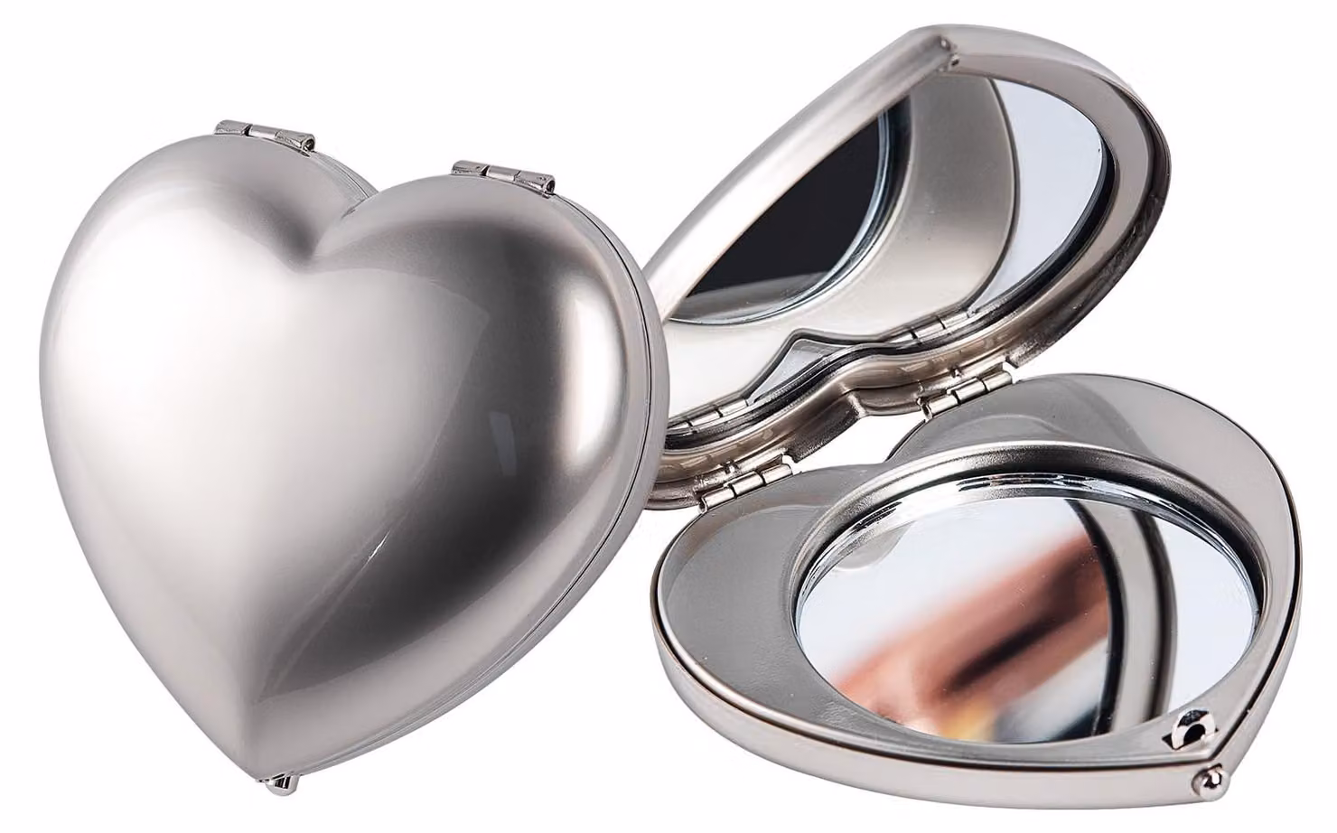Specchio pieghevole a forma di cuore, ingrandimento 1x/2x, dimensioni 65x62 mm, finitura argento perlato