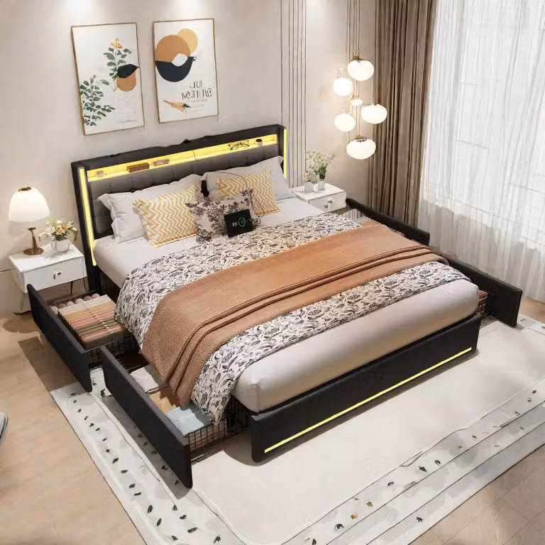 Letto matrimoniale 140x200 cm in lino grigio – testiera e pediera con illuminazione a LED, 4 cassetti in metallo, porte USB e Type-C
