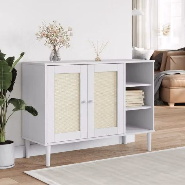 Credenza Buffet Armadio da Cucina Senja Design Mania in Pino Massello e Rattan Bianco L: 112 cm, P: 40 cm, H: 80 cm
