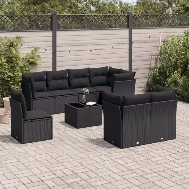 Set Divani da Giardino 9 pz con Cuscini Nero in Polyrattan 3217935