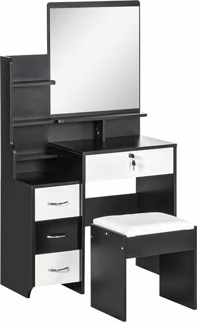 Set da toeletta HOMCOM con tavolo da trucco, specchio grande, sgabello imbottito, ripiani aperti e 4 cassetti, nero e bianco – 1