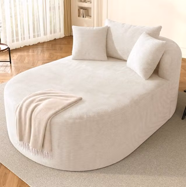 Poltrona relax ovale in corduroy beige chiaro, seduta profonda 122 cm, compressa