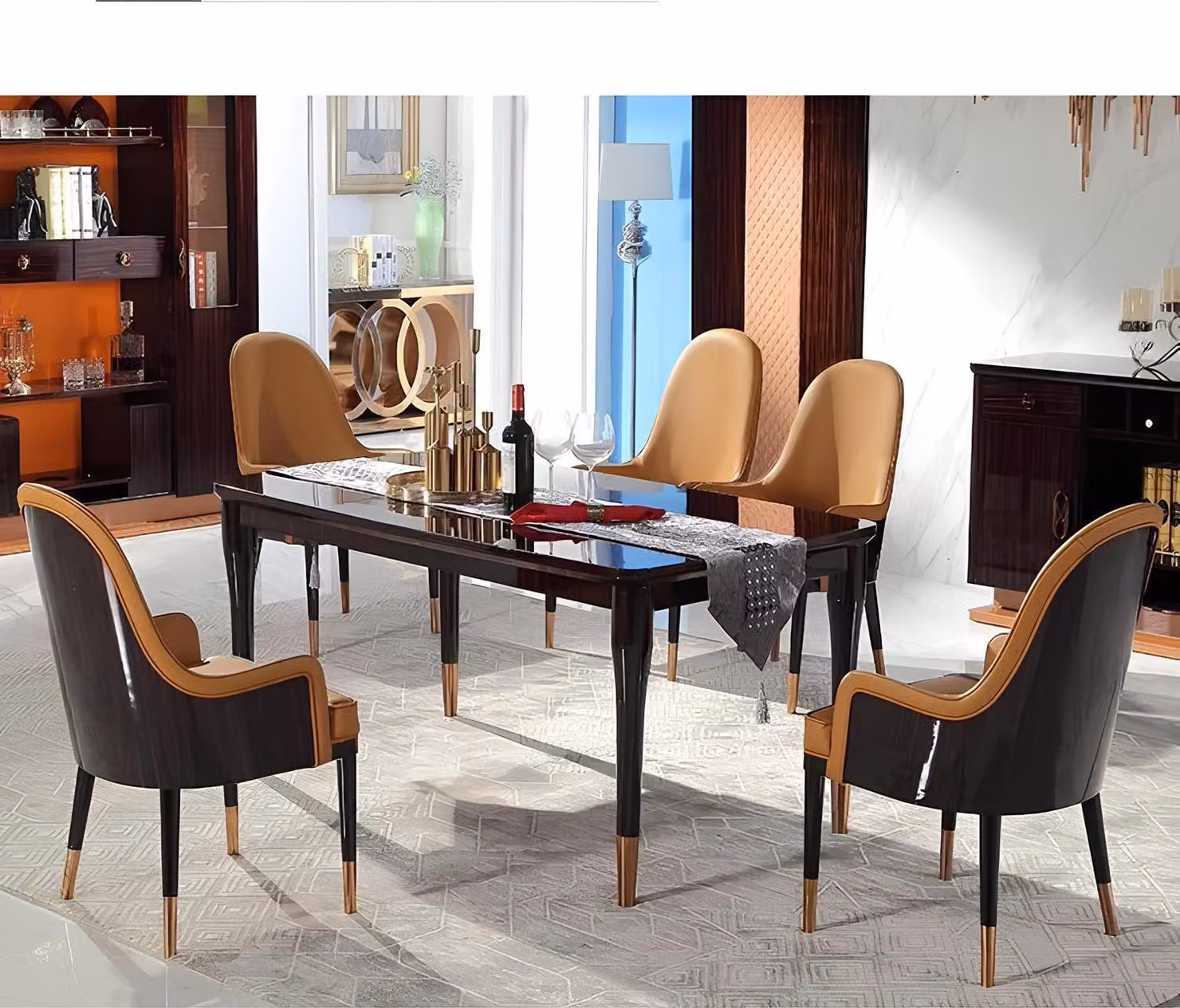 Edel Holz Tisch Set Garnitur 7tlg. Wohn Ess Zimmer 6x Sessel Stuhl Sitz Polster