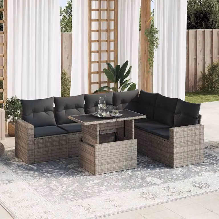 Set di divani da giardino vidaXL in polyrattan grigio con cuscini e tavolino da esterno a forma di L