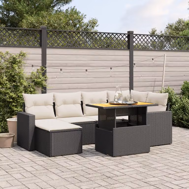 Set Divani da Giardino a L vidaXL in Polyrattan Nero con 7 Cuscini Imbottiti e Tavolino