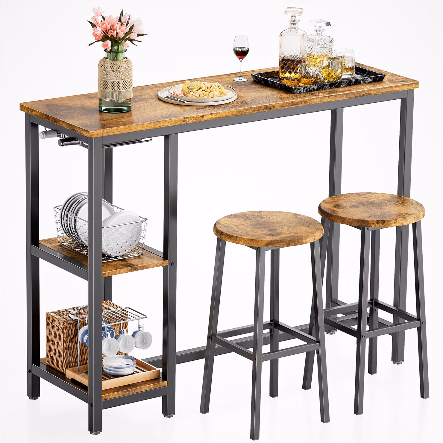 Tavolo da pranzo lungo Bealife con 2 sgabelli, tavolo da bar e sedie per due persone, 120x40x91,5 cm