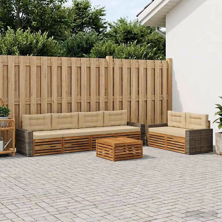 Set di divani da esterno vidaXL 7 pezzi in legno di acacia con tavolo da caffè e cuscini, colore beige e marrone