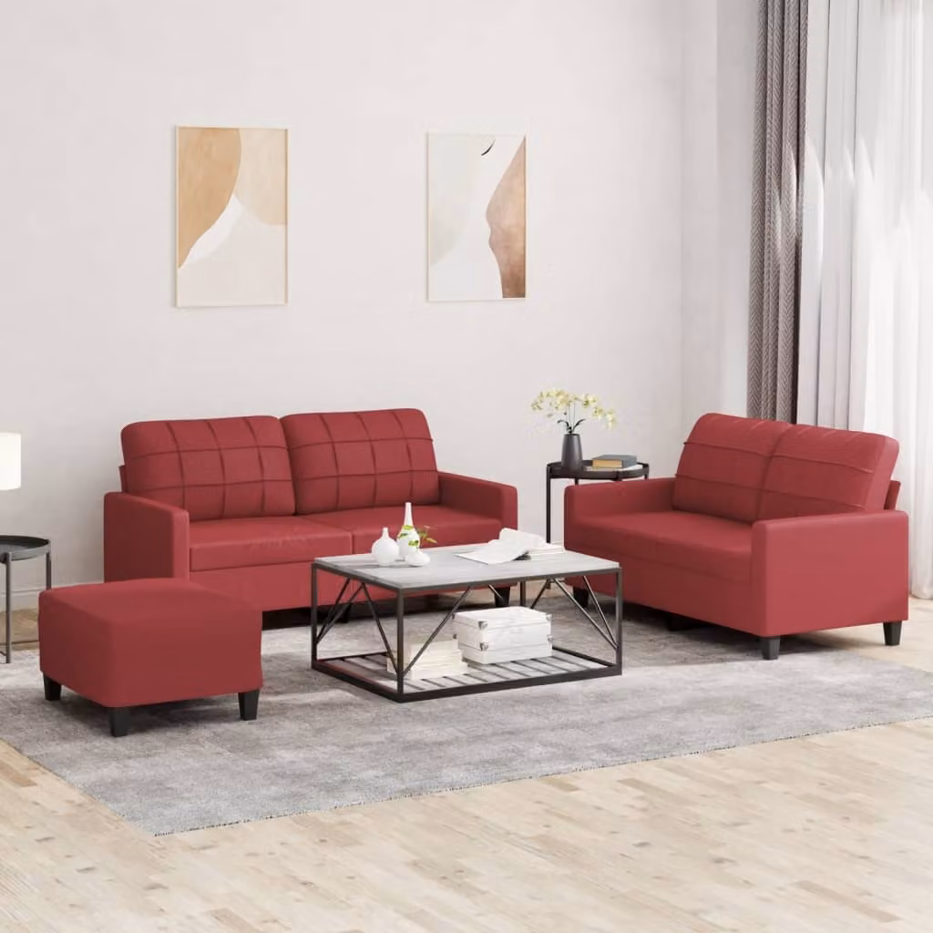 Set di divani 3 pezzi vidaXL in similpelle rossa con cuscini per soggiorno in stile moderno – 1