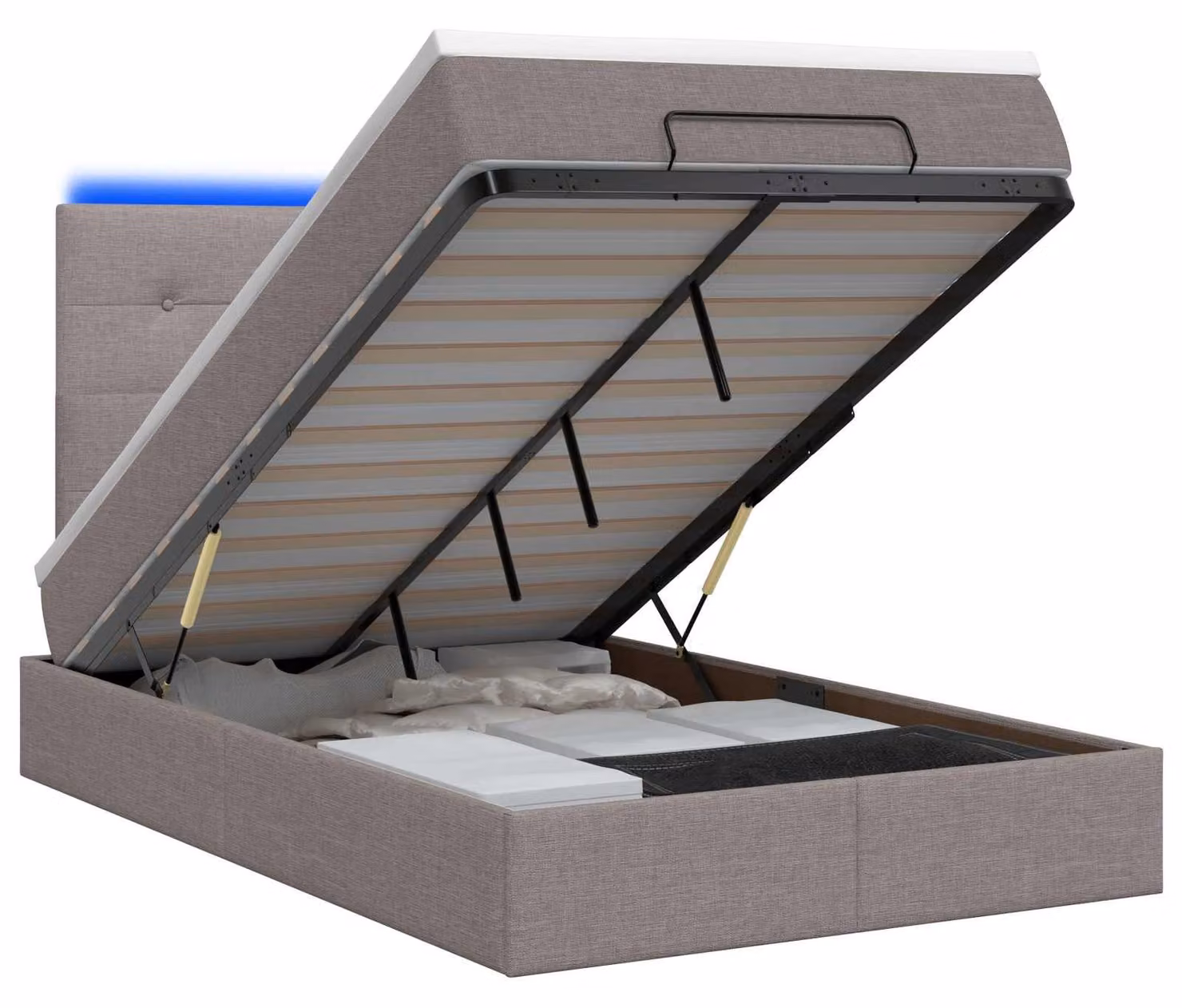 Pouf contenitore con materasso e illuminazione LED, color tortora, 120 x 200 cm, rivestito in tessuto