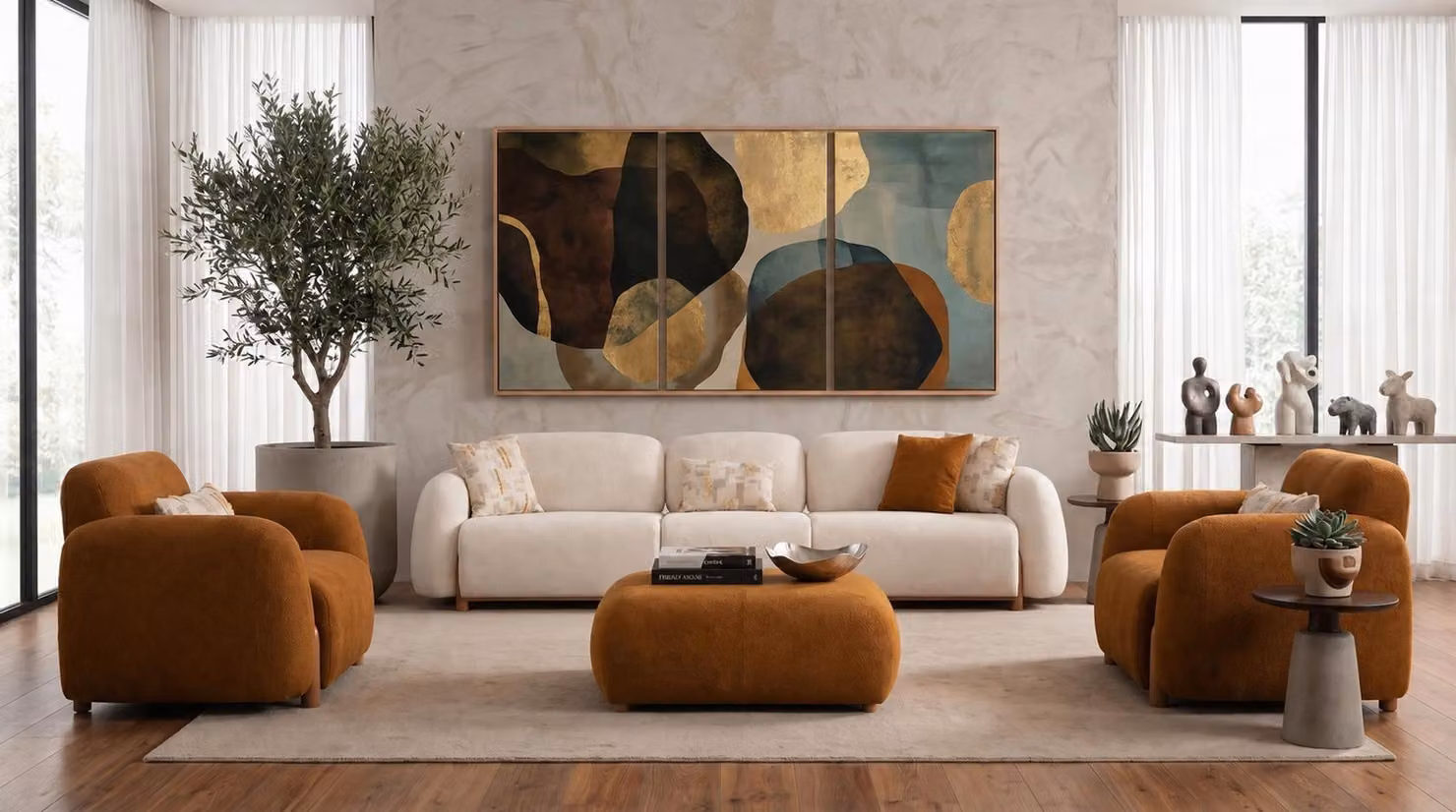 Wohnzimmer Set 3 Sitzer Sofa Zwei Sessel Modern Beige Edel