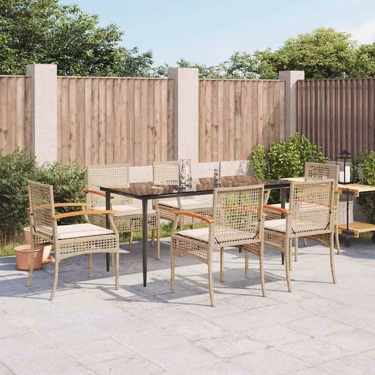 Set da pranzo da giardino vidaXL in polyrattan con cuscini beige e tavolo in vetro e legno di acacia, 7 pezzi