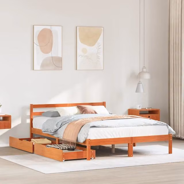 Letto in legno di pino massiccio vidaXL stile rustico marrone cera con doghe piatte L/P/H: 205.5 x 150 x 155.5 cm