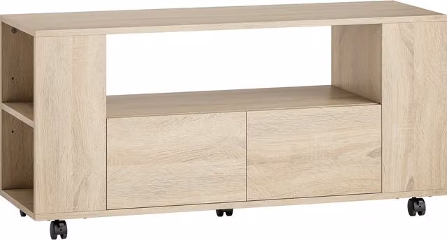 Mobile Porta TV HOMCOM in legno con ruote girevoli e freno, ripiani regolabili e cassetti, L: 102 cm, P: 34.5 cm, H: 48.5 cm, marrone e beige