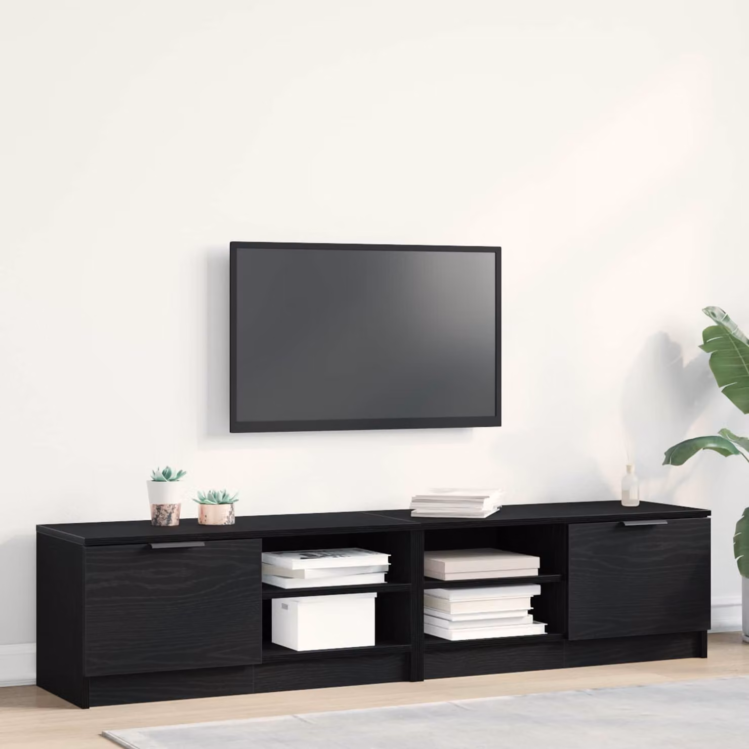 Set di 2 carrelli TV mobili vidaXL in legno ingegnerizzato nero e rovere, design moderno con scomparti multimediali, L/P/H: 80,0 x 35,0 x 36,5 cm