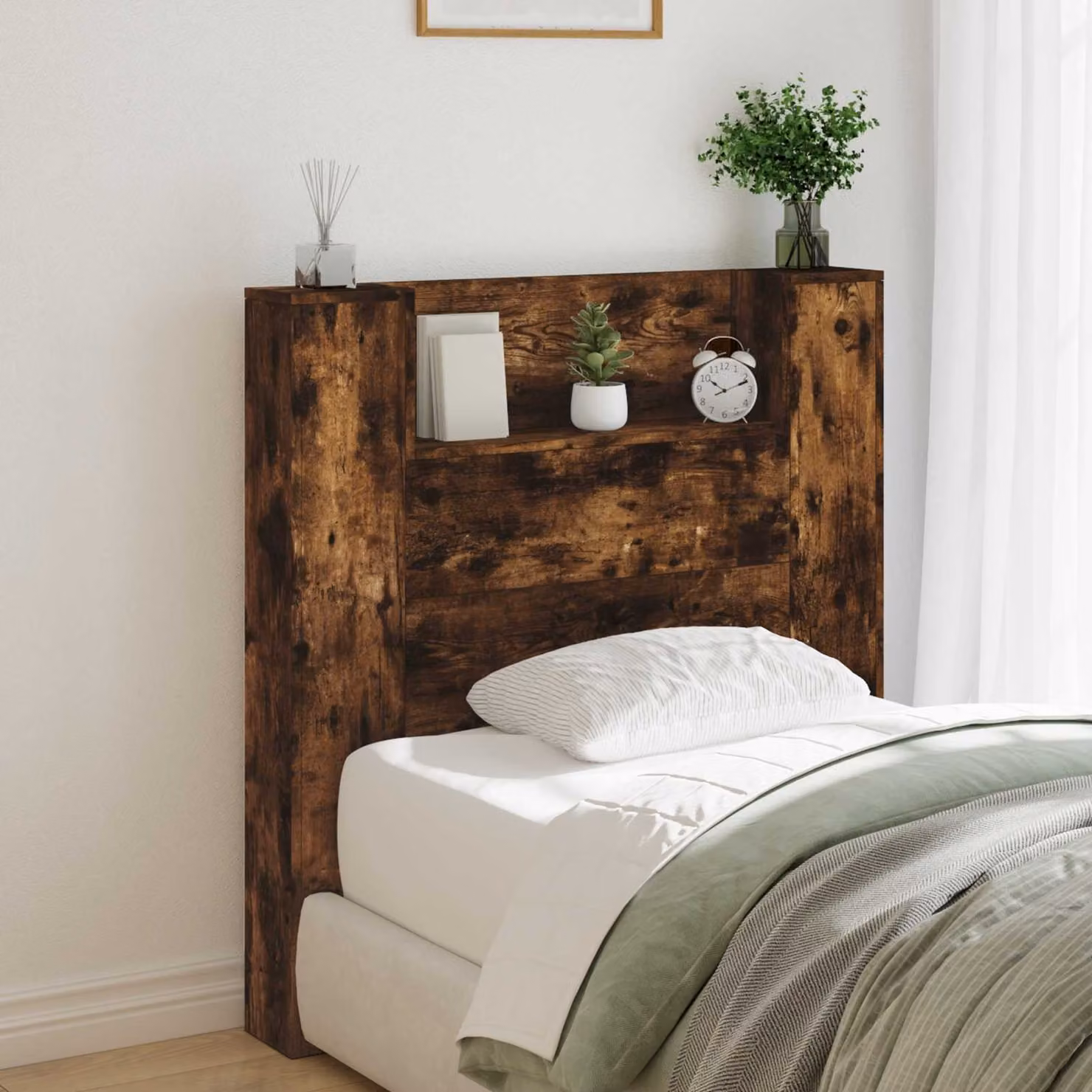 Testiera con stoccaggio vidaXL in legno ingegnerizzato Rovere Fumo con illuminazione LED e porta USB per la tua camera da letto
