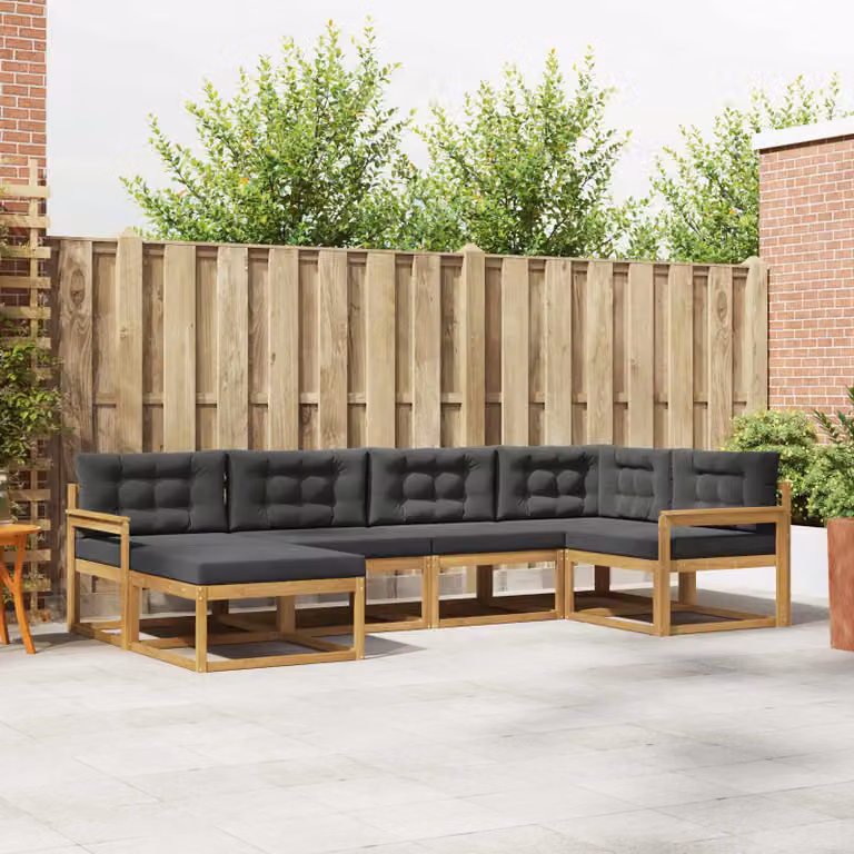 vidaXL Set di divani da esterno a L in legno di acacia con pouf e cuscini, Bianco e Antracite