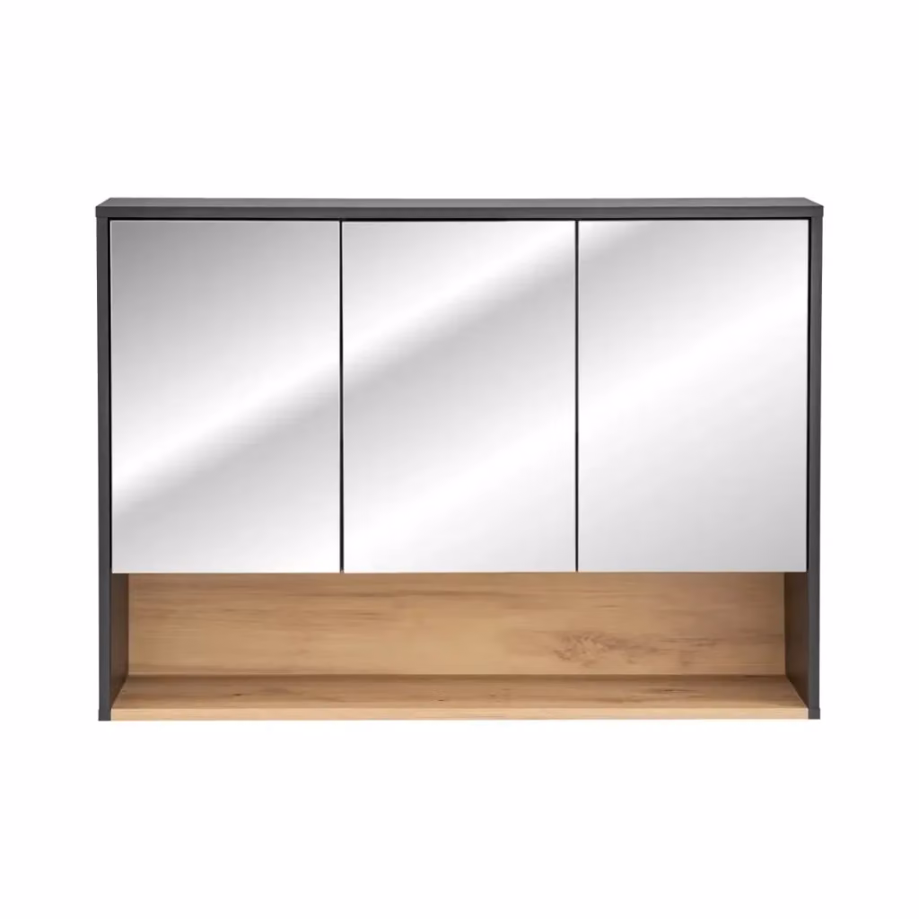 Mobile alto da bagno sospeso Meublorama TALOKA con 3 ante specchio, Grigio antracite e rovere, L: 100 cm – 2
