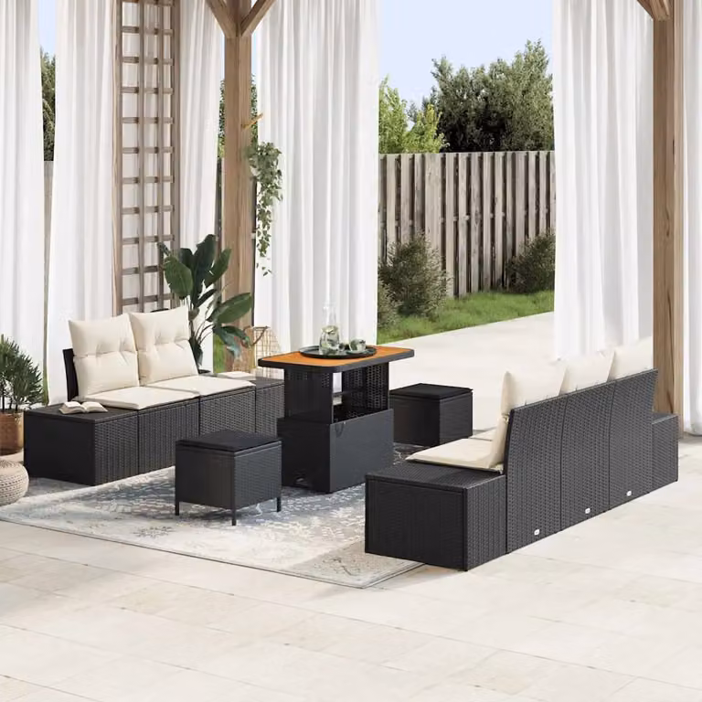 Set Divano da Giardino vidaXL 8 Pezzi in Polyrattan Nero con Cuscini e Tavolino