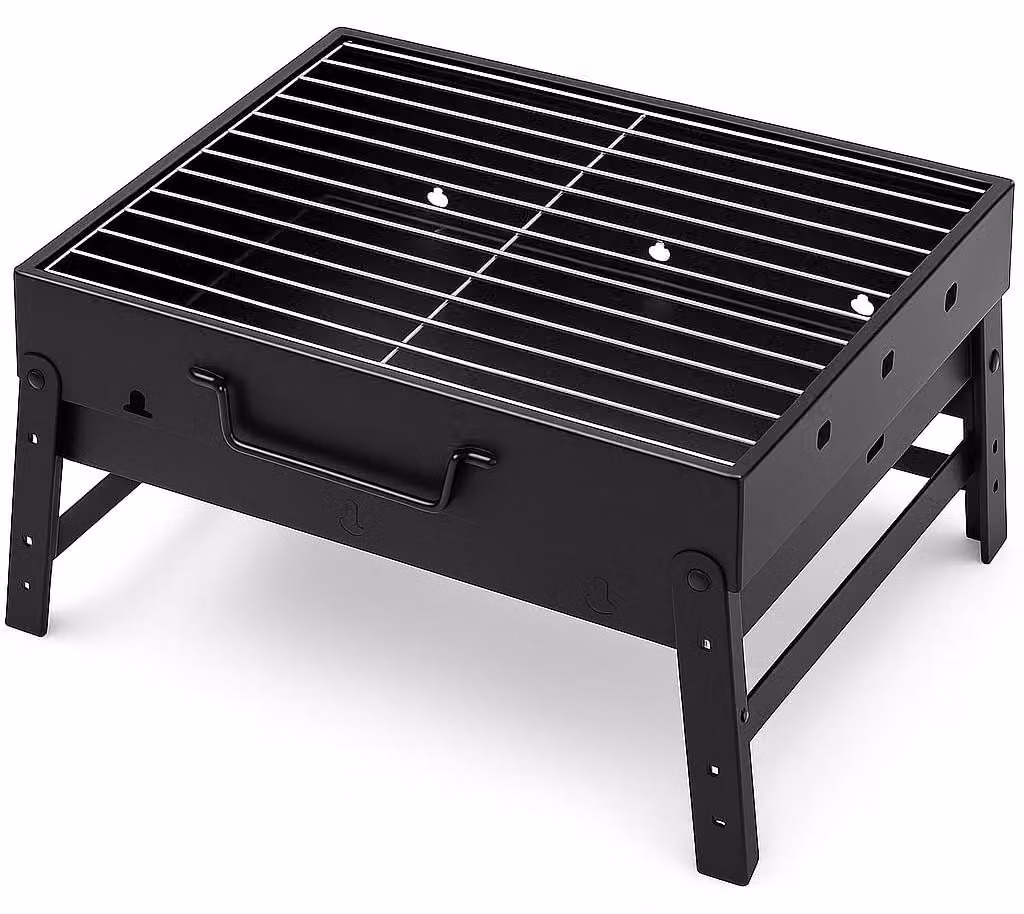 Griglia portatile a carbone, in formato valigia, compatta, con maniglia e contenitore estraibile per la cenere, ideale per giardino, balcone, campeggio, picnic e attività all'aperto