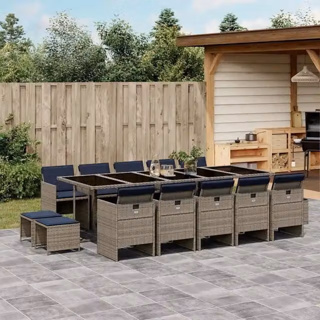 Set da pranzo da giardino vidaXL in polyrattan con tavolo in vetro e 15 pezzi, Grigio – 1