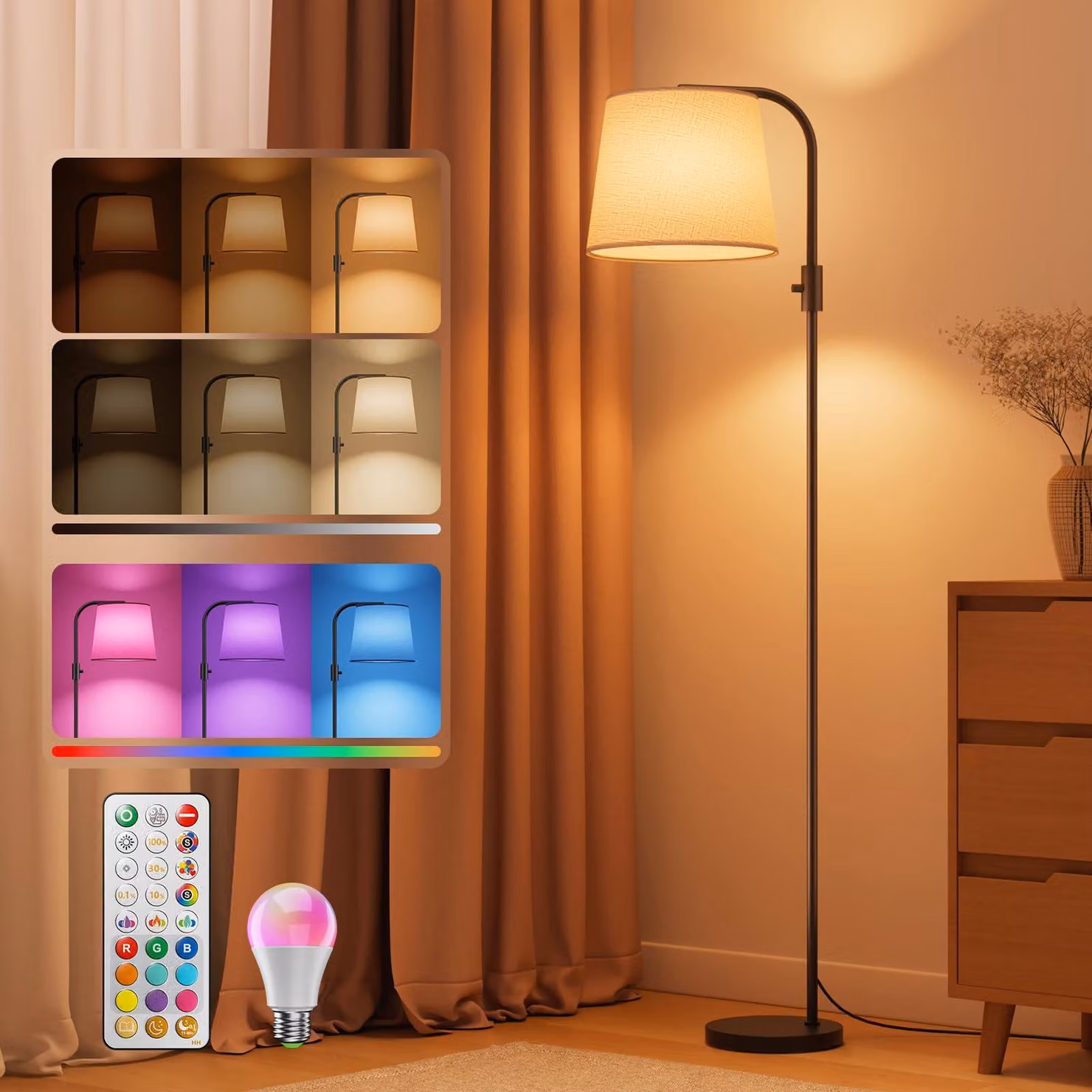 Lampada da terra, dimmerabile, con luce RGB e bianco caldo, altezza 165 cm, colore nero, con telecomando